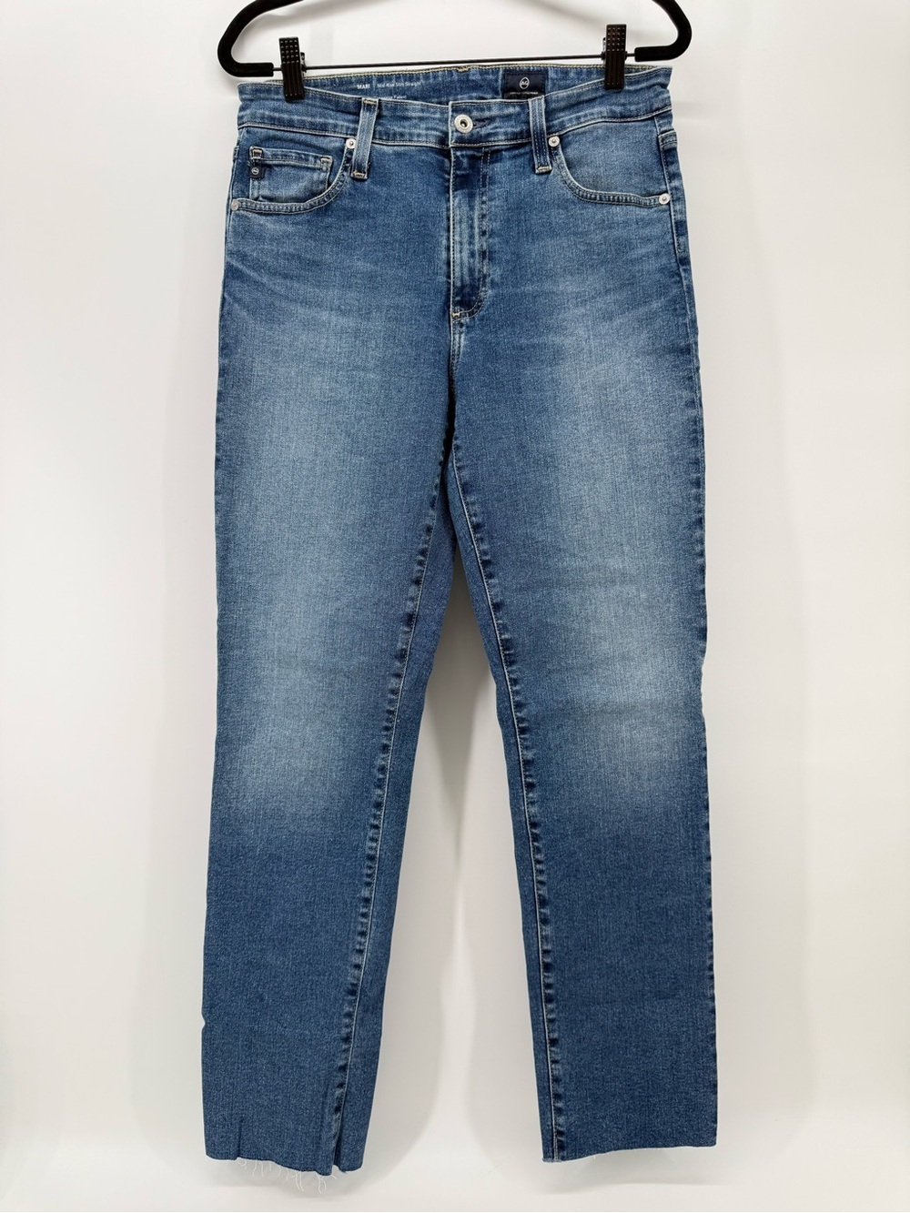 AG The Mari High Rise Slim Straight Leg Denim Jeans 29 raw hem Blue